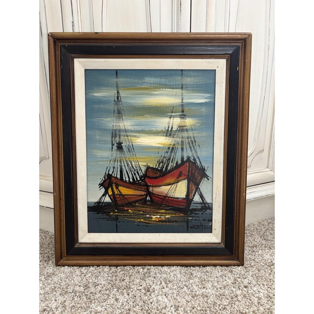 MCM Vintage Handpainted Sailboat Oil Painting In Wood Frame Signed
